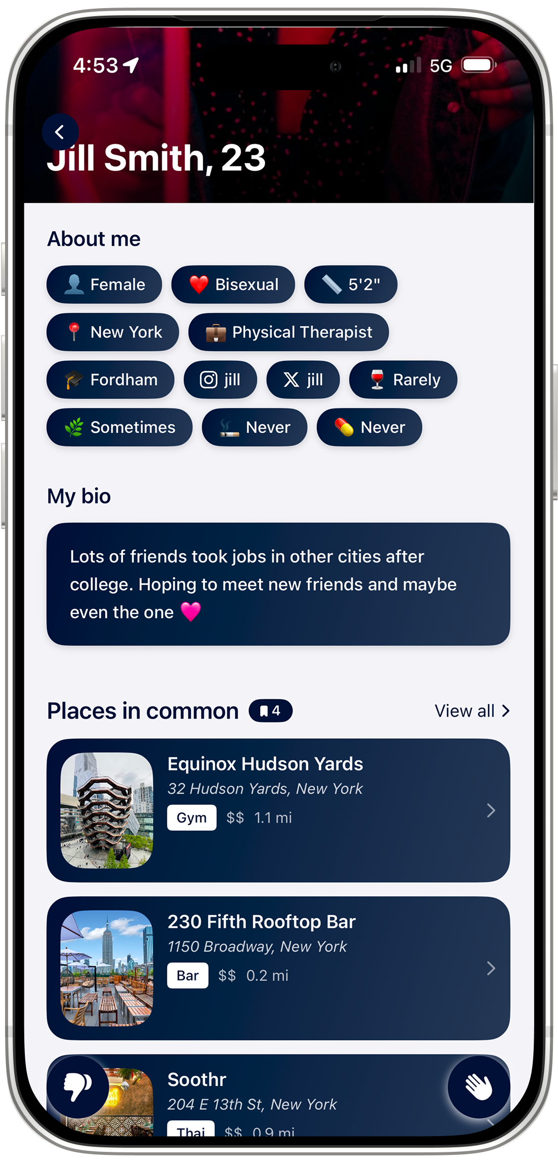 A person's profile showing the places you have in common