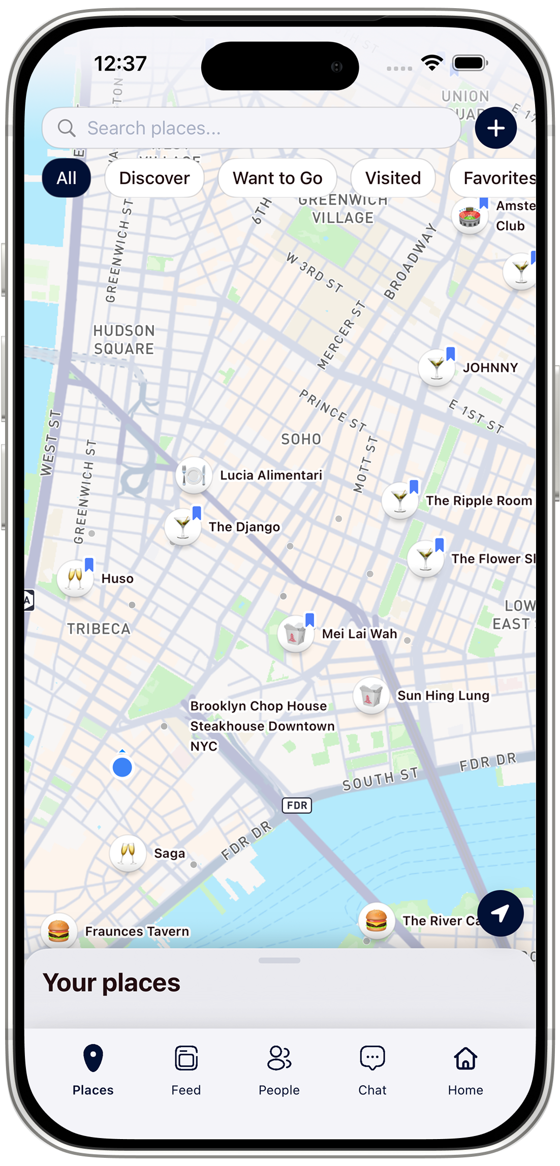 On The Grid map view with saved restaurants and bars pinned across lower Manhattan